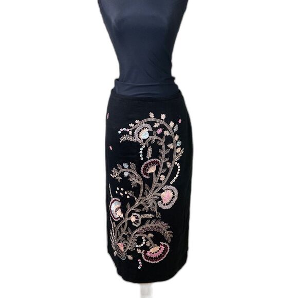 Richard Malcolm Linen blend Beaded Embroidered Midi Skirt women’s size 8 black - Picture 1 of 9